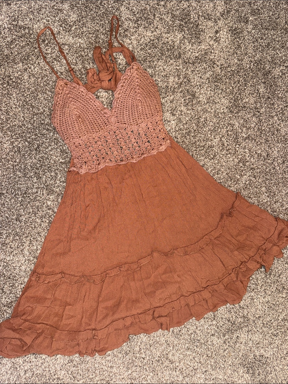 Women's Crochet Bodice Ruffle Hem Dress - Rust